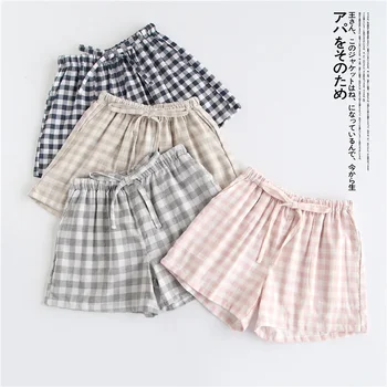 Пара пижам летние хлопчатобумажные марлевые шорты в японском стиле с простой эластичной резинкой на талии повседневные большие размеры с решеткой для мужчин и женщин домашние брюки