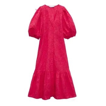 Повседневное Летнее Хлопчатобумажное Платье С Красной Вышивкой, V-Образный Вырез, Короткий Рукав, Открытые Женские Длинные Платья для женщин 2023, Vestidos Robe Femme