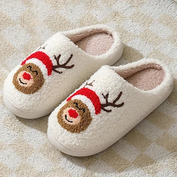 Рождественские пушистые домашние тапочки, уютные плюшевые тапочки с закрытым носком из лося, Мягкая домашняя пушистая обувь на толстой подошве, товары для дома