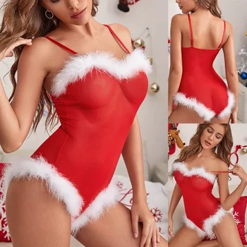 Рождественский комплект, Красное тюлевое плюшевое тонкое нижнее белье, Сексуальный комбинезон, пижама, униформа для косплея, Гламурная пижама, рождественский подарок для экзотической девушки.