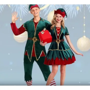 Рождественский костюм для женщин и мужчин Косплей Рождественская подарочная коробка Эльф одевается Карнавальный Новогодний нарядный Рождественский костюм зеленого эльфа