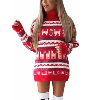 Рождественское платье-свитер для женщин, зимние жаккардовые трикотажные платья с круглым вырезом, модное платье с длинными рукавами в виде лося и снежинок