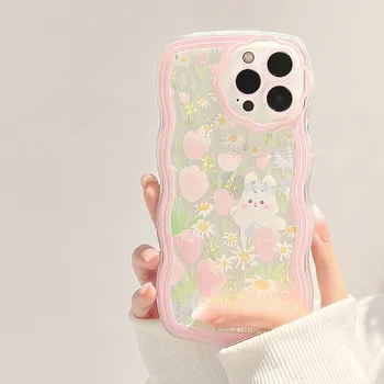 Розовый цветочный ремешок чехол для мобильного телефона iPhone 14 13 12 11 Pro Max 14Plus xs xr 7 8 Plus SE 2020 cute little rabbit soft shell