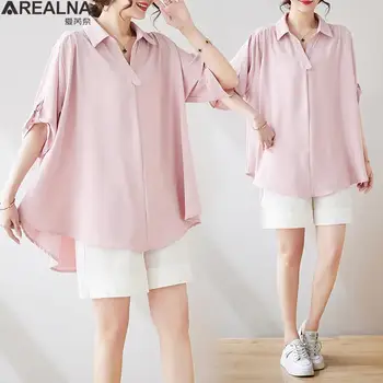 Свободные рубашки большого размера, Женские летние белые блузки средней длины с коротким рукавом, Корейская мода, офисная женская шифоновая блузка