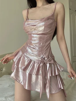 Сексуальное мини-розовое платье с рюшами, летнее облегающее платье с металлическим бантом, Элегантное вечернее платье для женщин, модные платья 2023 года