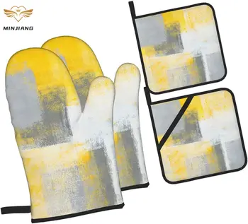 Серо-желтый, современное абстрактное искусство, прихватки и прихваткодержатели, наборы из 4 кухонных прихваток, Термостойкие нескользящие перчатки