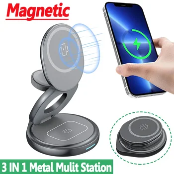Складная Магнитная Подставка Для Беспроводного Зарядного Устройства 3 в 1 Для iPhone 15 14 13 12 Pro Max Apple Watch Airpods Станция Быстрой Зарядки