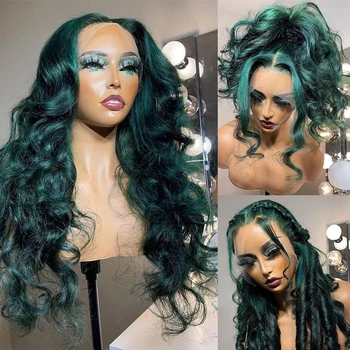 Темно-зеленый синтетический парик на кружеве Keser для женщин, длинные волнистые парики зеленого цвета, предварительно выщипанный термостойкий женский кружевной парик