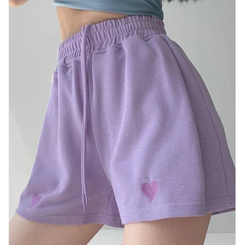 Фиолетовые спортивные шорты Женские летние Тонкие свободные брюки для бега с высокой талией для горячих девушек, универсальные повседневные брюки с широкими штанинами