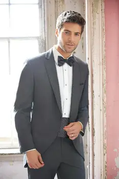 Фрак с вырезом на лацкане Серый на одной пуговице из 2 предметов (JacketPantbowtie) Slim Fit 2016 Высококачественные Модные костюмы Terno Masculino на заказ
