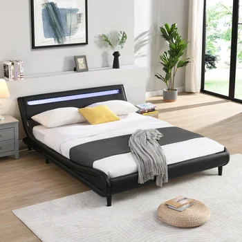 Черный каркас кровати-платформы с современной мягкой обивкой размера 