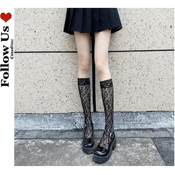 Японские готические носки до икр с леопардовым принтом, женственные японские милые чулки JK Design, женские кружевные носки средней длины в стиле Лолита Каваи