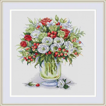 Качественная золотая коллекция Красивый набор для вышивания крестиком Роза Прозрачная ваза Красные фрукты и белые цветы